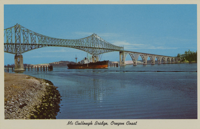 Postcard of the McCullough Bridge on the Oregon Coast near Coos Bay. | The mighty ocean going lumber ship passing under the picturesque McCullough Bridge as it proceeds into Coos Bay.