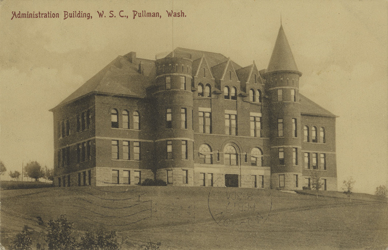 Postcard of the administration building on the Washington State University campus in Pullman, Washington