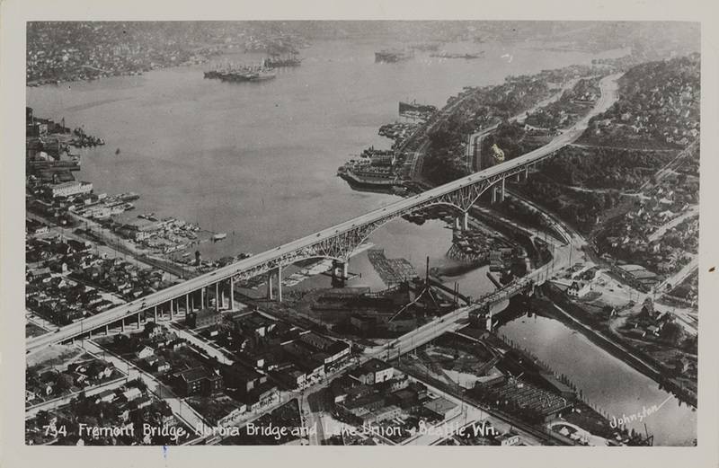 Postcard of the Fremont Bridge, Aurora Bridge, and Lake Union in Seattle, Washington.