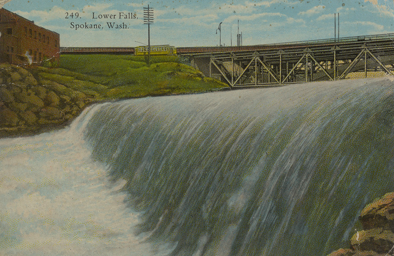 Postcard of waterfalls in Spokane, Washington.