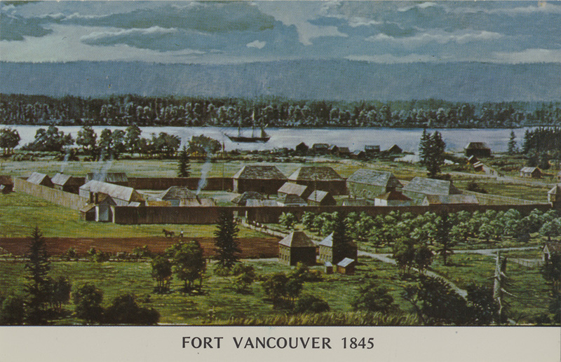 Postcard of Fort Vancouver as it would have looked in 1845. | Fort Vancouver National Historic Site, Vancouver, Wa. 98661. Founded in 1825, Fort Vancouver was the headquarters and supply depot for the Hundon's Bay Company in the Northwest. For 20 years it was also the social, political, and economic center of the Northwest. Declining fur returns and problems with Americans led tot he closing of the fort in 1860. Neglect and several fires destroyed the entire fort by 1866.