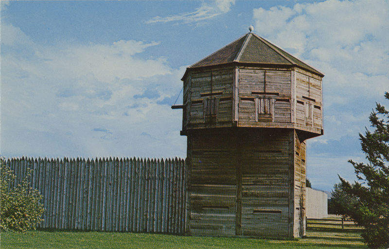 Postcard of the bastion at Fort Vancouver in Vancouver, Washington. | The original Bastion was built by the Hudson's Bay Company in 1845. It was armed with eight 3-pounder cannons. The cannons were used to salute English ships as they approached Fort Vancouver. The Bastion was also a deterrent to possible American attacks on the Fort. The Bastion was destroyed by fire in 1866 and reconstructed by the National Park Service in 1973 on its original location.