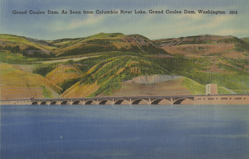 Postcard of the Grand Coulee Dam as seen from the Columbia River Lake in Washington state.