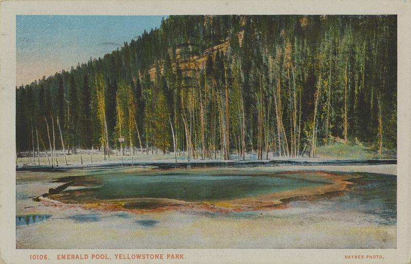 Postcard of a pool of water in Yellowstone National Park.