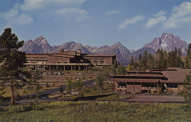 Postcard of the Jackson Lake Lodge in the Grand Teton National Park, Wyoming. | Jackson Lake Lodge, Grand Teton National Park, Wyoming. Built on the heights overlooking the sparkling waters of Jackson Lake in which are mirrored the rugged peaks of the Teton Range, this new and modern lodge offers every accommodation to the visitor.