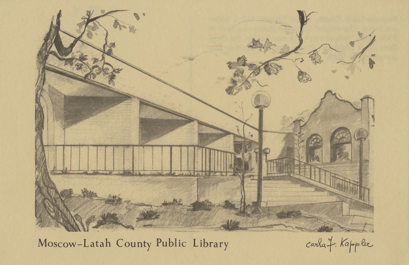 Postcard of the Latah Public Library building in Moscow, Idaho. Drawing by Carla F. Kappler. | 110 S. Jefferson Street. The original Carnegie library was built in 1906 in the "Mission-style." It now houses the Carol Ryrie Brink Children's Room. The new addition was completed in 1983.