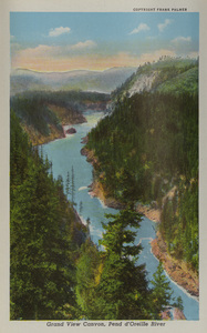 Postcard is part of a postcard packet. Image is of a canyon on the Pend d'Oreille river.