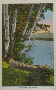 Postcard is part of a postcard packet. Image is of a boat sitting next to a lake in Idaho.