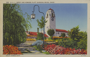 Postcard is of the O.S.L. Depot and Howard Platt Gardens in Boise, Idaho.