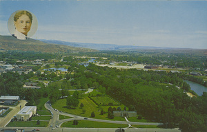 Postcard is an aerial view of Boise, Idaho and the Julia Davis Park. | Julia Davis Park (The place to go is Idaho) Dedicated to the City of Boise by Thomas Jefferson Davis in memory of his wife, Julia, 1907. To the left the State Historical Museum and to the right Boise Gallery of Art. Bordering the Boise River, this makes one of the most popular Picnic spots in Boise Valley.