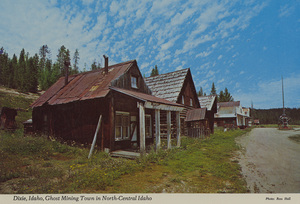 Postcard of Dixie, Idaho. | Dixie, Idaho, Ghost Mining Town, around 90 miles from Grangeville, reached by way of the scenic South Fork of the Clearwater River. Gold was first discovered in Dixie Gulch in 1862. The town was laid out and the post office established in 1896. The Thunder Mountain Gold-rush in 1902, brought 2,000 old-time "opportunists" to work in the area for a short time.