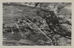 Postcard is an aerial view of Salmon, Idaho.