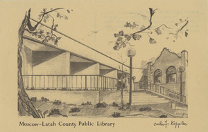 Postcard is a drawing by Carla F. Kappler of the Latah County Public Library in Moscow, Idaho. | Moscow-Latah County Public Library, 110 S. Jefferson Street. The original Carnegie library was built in 1906 in the "Mission-style." It now houses the Carol Ryrie Brink Children's Room. The new addition was completed in 1983.
