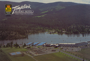 Postcard of a hotel in Post Falls, Idaho. | Best Western Templin's Resort Hotel & Conference Center, 414 E. 1st Ave., Post Falls, Idaho 83854. Located on the beautiful Spokane River 20 miles east of Spokane, Washington on I-90. Templin's features full service facilities including meeting accommodations, Mallards Restaurant & Lounge, tennis, beach, marina, boat rentals and indoor pool. (208) 773-1611.