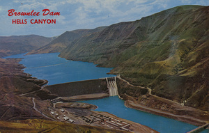 Postcard of the Brownlee Dam on the Snake River in Hells Canyon near Brownlee, Oregon.