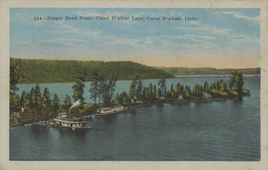 Postcard featuring Arrowhead Point at Coeur D'Alene Lake. This landmark was renamed Arrowhead Point in the 1960s. The earlier name is typed on the postcard