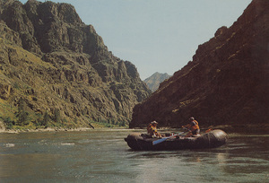 Postcard of men rafting in the Snake River canyon on the Idaho Oregon border. | Rafting in Hells Canyon of the Snake River, on of Idaho's many rivers.