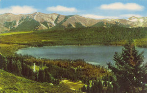 Postcard of Alturas Lake near the Sawtooth Mountains in Idaho. | Alturas Lake, Alt. 7,000 feet, in Sawtooth Mts. of Idaho Forest Service Campgrounds in Foreground. Two miles from U.S. 93.