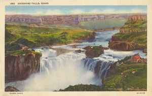 Postcard of Shoshone Falls near Twin Falls, Idaho. | Shoshone Falls, Idaho. Located near city of Twin Falls. They are 212 feet high and 1500 feet wide. Upper falls shown are (from left to right) Bridal Veil, Bride's Maid, The Two Graces (in center) and the Sentinel at extreme right and slightly above.