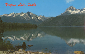 Postcard of Redfish Lake in the Sawtooth National Forest in Idaho. | Redfish Lake, Sawtooth National Forest. This lake is on U.S. 93 in the Sawtooth Mountain Range. Mt. Heyburn on the right is over 10,000 ft. elevation. Camping and lodge facilities are available.