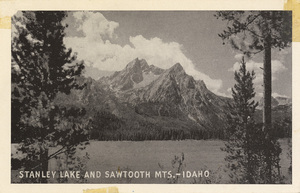 Postcard of Stanley Lake and the Sawtooth Mountains in Idaho. | A favorite recreation and fishing spot in the Sawtooth Mountains.