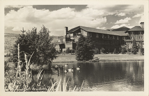 Postcard of the pond at the Sun Valley Resort in Sun Valley with ducks.