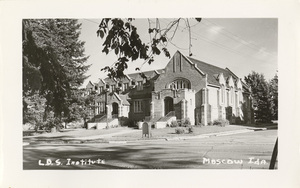 Postcard of the L.D.S. Institute on the University of Idaho campus in Moscow, Idaho.