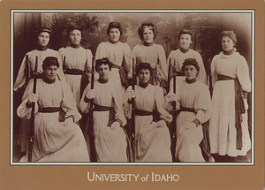 Postcard of student members of the women's drill team on the University of Idaho campus in Moscow, Idaho. | University of Idaho's Company C (the "C" stood for calico). This women's drill team earned Idaho ROTC its first "excellent" rating in 1897.