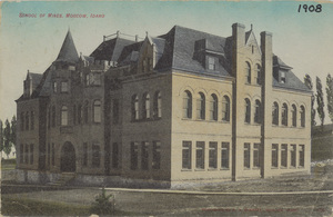Postcard of the School of Mines building, which is no longer standing, on the University of Idaho campus in Moscow, Idaho.