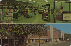 Postcard of the Student Union Building on the University of Idaho campus in Moscow, Idaho. | Center of campus life, the building components cover more than a block. The main floor of the structure's modern Student Book Store is shown above. At the far right of the photo below is the $2,000,000 addition completed in 1963. All financing of the building was done by student funds.