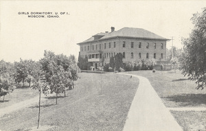 Postcard of a women's dormitory (now Ridenbaugh Hall) at the University of Idaho campus in Moscow, Idaho.