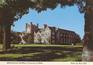 Postcard of the Administration Building on the University of Idaho campus in Moscow, Idaho. | Administration Bldg., Univ. of Idaho, at Moscow, Idaho, is the "building with tradition" on the campus, having been built in 1906. The original structure burned.