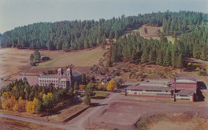 Postcard of St. Gertrude's Convent and Academy in Cottonwood, Idaho. | St. Gertrude's Convent and Academy, Cottonwood, Idaho, showing the gymnasium and rectory completed in January 1958. Established in 1909, it is now the home of 173 Benedictines. The 1958 registration at the Academy was 182 High School Students. The Sisters also have a Junior College for their own members, staff 13 Parochial Schools and 2 Hospitals in Idaho.