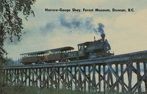 Postcard of a train at the BC Forest Discovery Centre in Duncan, British Columbia, Canada. | Cowichan Valley Forest Museum on the Trans-Canada Highway one mile north of Duncan, Vancouver Island, is a treasury of the history of British Columbia's most important industry: Forestry. Visitors ride a mile-long railway behind a real steam locomotive.