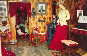 Postcard of the interior of a dress shop in Virginia City, Montana. | Milady's Dress Shop, Historic Virginia City, Montana. The dressmaker's home - the center of elegant fashions.