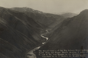 Postcard of a river and canyon near Riggins, Idaho. | Grand Canyon of the Big Salmon River looking South from the Pogue Ranch showing 3 miles of N. and S. Hy. And Riggins in the distance.