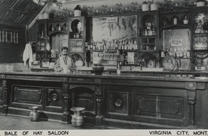 Postcard of the interior of the Bale of Hay Saloon in Virginia City, Montana.