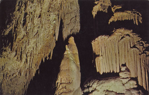 Postcard of a formation of cave rocks in the Lewis and Clark Cave, Montana. | 1895 - Madonna, Lewis and Clark Cavern, Montana. Before taking leave of the cavern and its entrancing array of formations, this fascinating replica of the Madonna with her hands folded as if in prayer, is pointed to the visitor. It is a fitting benediction for a light-hearted but reverent stroller through this wondrous cave.