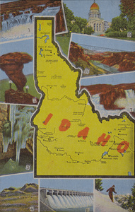 A photocollage postcard with various scenes of Idaho, including: Shoshone Falls, Balance Rock, Ice Cave near Idaho Falls, Spatter Cones at Craters of the Moon, American Falls Dam, Skiing at Sun Valley, Twin Falls, Hansen Suspension Bridge, State Capitol, Boise | Key to views on other side: 1-Shoshone Falls, 2-Balance Rock, 3-Ice Cave Near Idaho Falls, 4-Splatter Cones Craters of the Moon, 5-American Falls Dam, 6-Skiing at Sun Valley, 7-Twin Falls, 8-Hansen Suspension Bridge, 9-State Capitol, Boise.