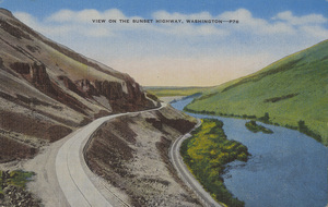 Postcard of the Sunset Highway in Washington state, now Primary State Highway 2 | The connecting link between Eastern and Western Washington is the Sunset Highway. Starting in the flat agricultural regions of Eastern Washington, it runs across the Cascade Mountains, through Snoqualmie Pass, down through heavily wooded areas and into Seattle.
