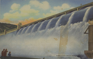 Postcard of the spillway of the Grand Coulee Dam in Washington state. | Bureau of Reclamation Photo. Close-up of Spillway, Grand Coulee Dam, Washington. The Spillway section is 1,650 feet in length in the center of the dam, and creates this spectacular falls twice as high as the famed Niagara.