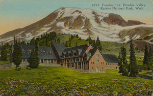 Postcard of Paradise Inn and Mt. Rainier in Washington state.