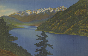 Postcard of Lake Chelan, Washington. | Beautiful Lake Chelan, Washington. Deep in the Cascades is a thrilling sixty mile winding body of water in a lovely setting of towering mountains, giant forests and pleasant meadows. Keenan News Agency, Spokane, Wash.