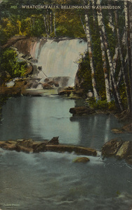 Postcard is of a natural waterfall in the Whatcom Falls Park in Bellingham, Washington.