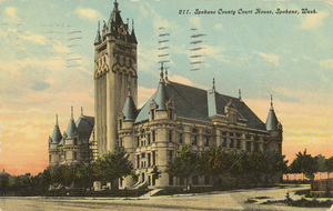 Postcard is of the Spokane County Courthouse in Spokane, Washington.