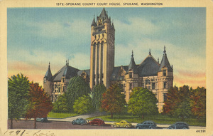 Postcard is of the Spokane County Courthouse in Spokane, Washington.