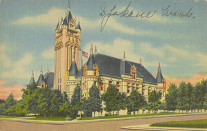 Postcard is of the Spokane County Courthouse in Spokane, Washington. | Spokane County Court House, Spokane, Washington. One of the few buildings that is truly old Norman architecture.
