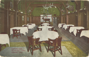 Postcard is of the interior of the Hunter's Room in the Silver Grill Hotel in Spokane, Washington.
