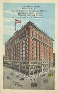 Postcard is of the Davenport Hotel in Spokane, Washington. |  Davenport Hotel, Spokane, U.S.A. "One of America's Exceptional Hotels" Delightful Dining Rooms, Unusual Informal Service, Very Low Prices in All Departments.
