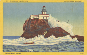 Postcard is of the Tillamook Rock Lighthouse, positioned one mile west of Tillamook Head, south of Seaside, Oregon.